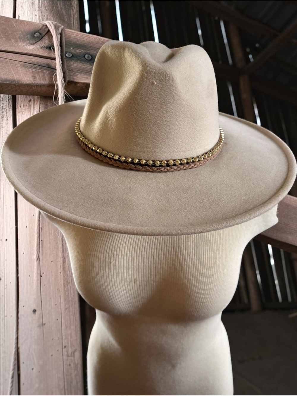 Wide Brim Felt Fedora Hat with Braided & Studded Band - Beige